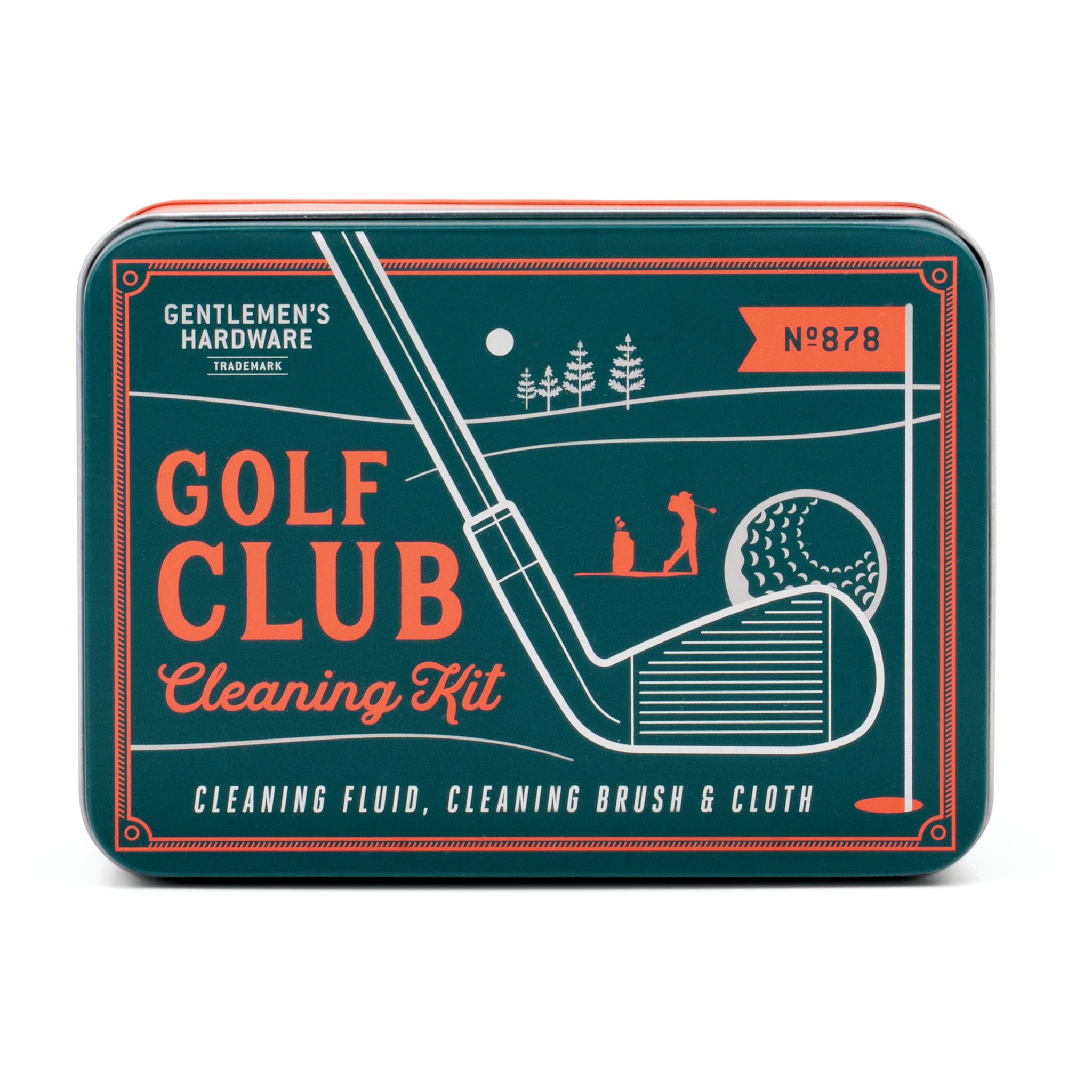 Front of the dark green tin for the Golf Club Cleaning Set, with a golf club illustration and orange lettering