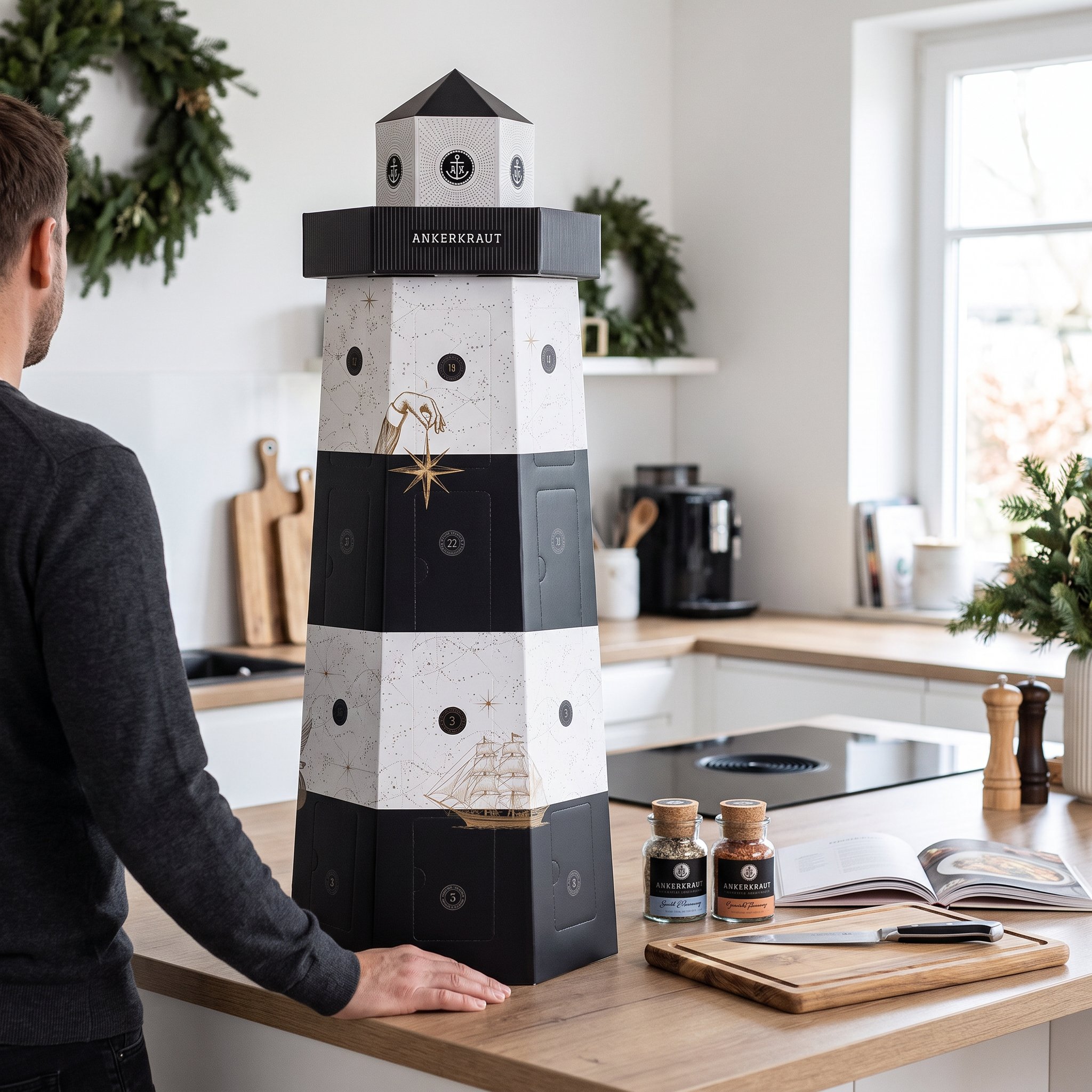 Leuchtturm-Adventskalender auf einer Kücheninsel, ein Mann legt die Hand daneben