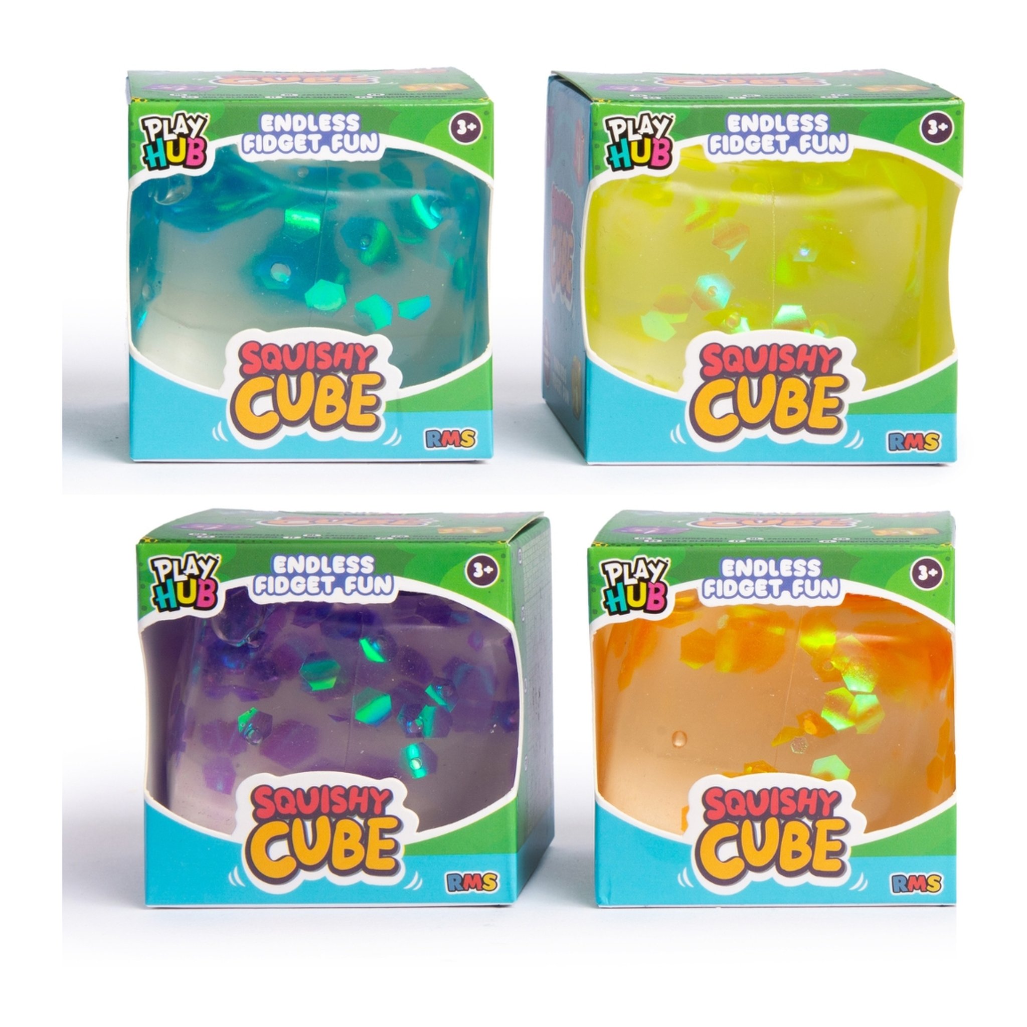 Quatre cubes squishy dans leurs boîtes à fenêtre, en bleu, jaune, violet et orange