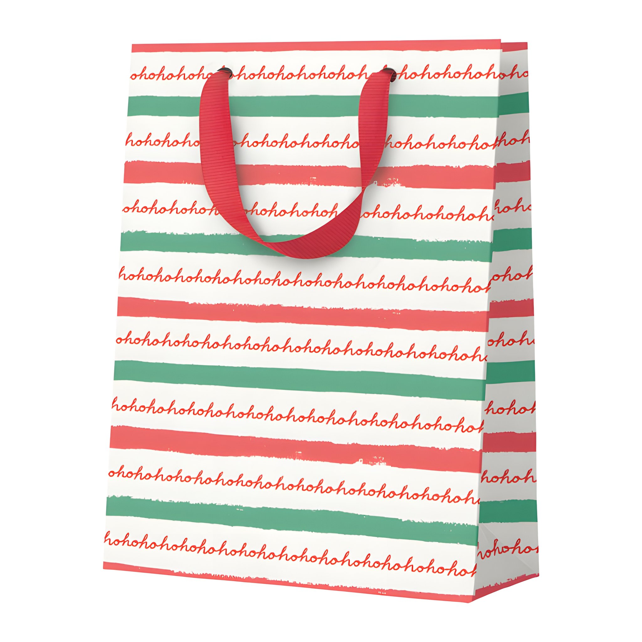 Medium Ho Ho Ho Christmas gift bag with stripes by Ohh Deer with ribbon handles on a white background