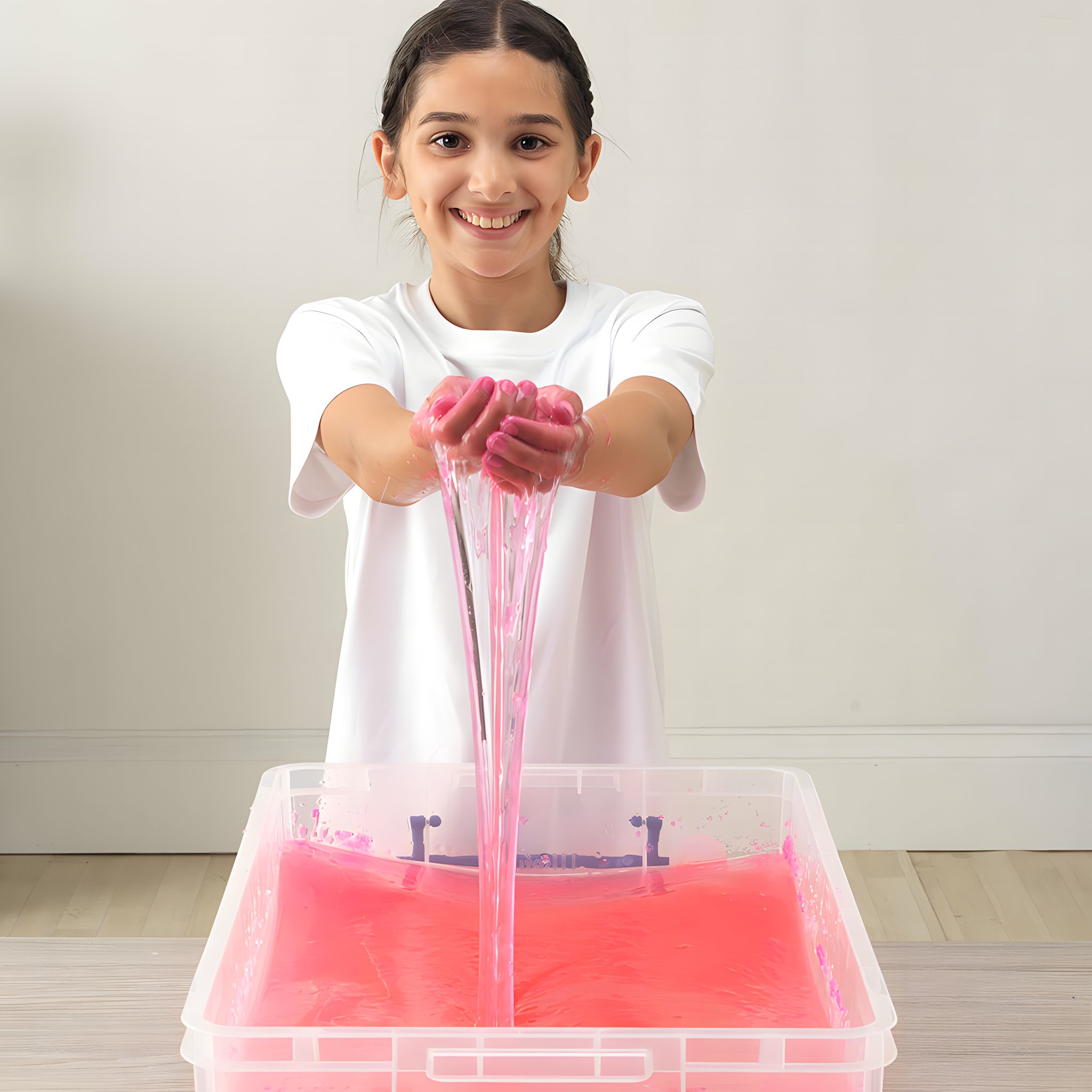 Kind spielt mit Glitter Slime im Bad