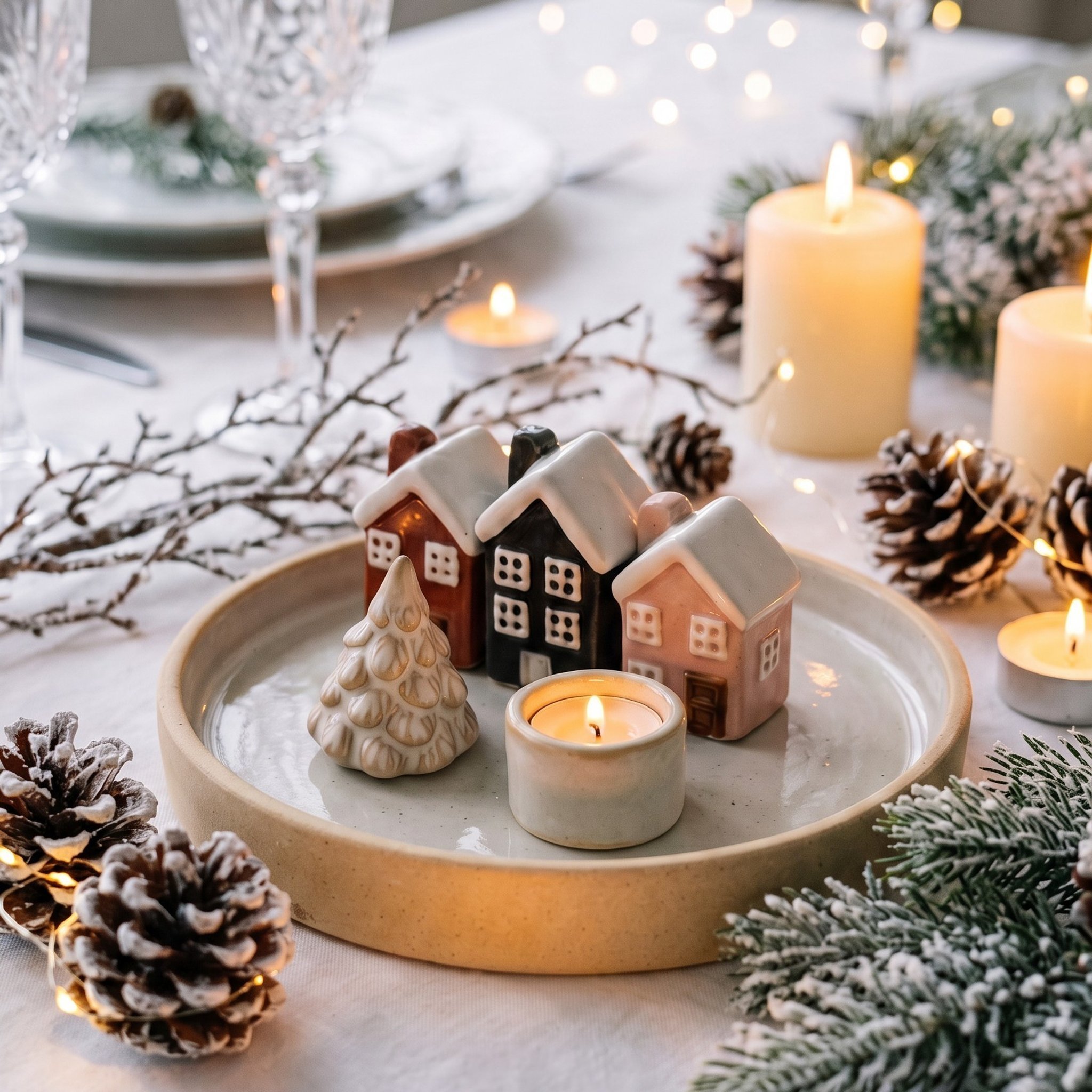 Stoneware candle holder with little winter houses on a festive table with pine cones and candles