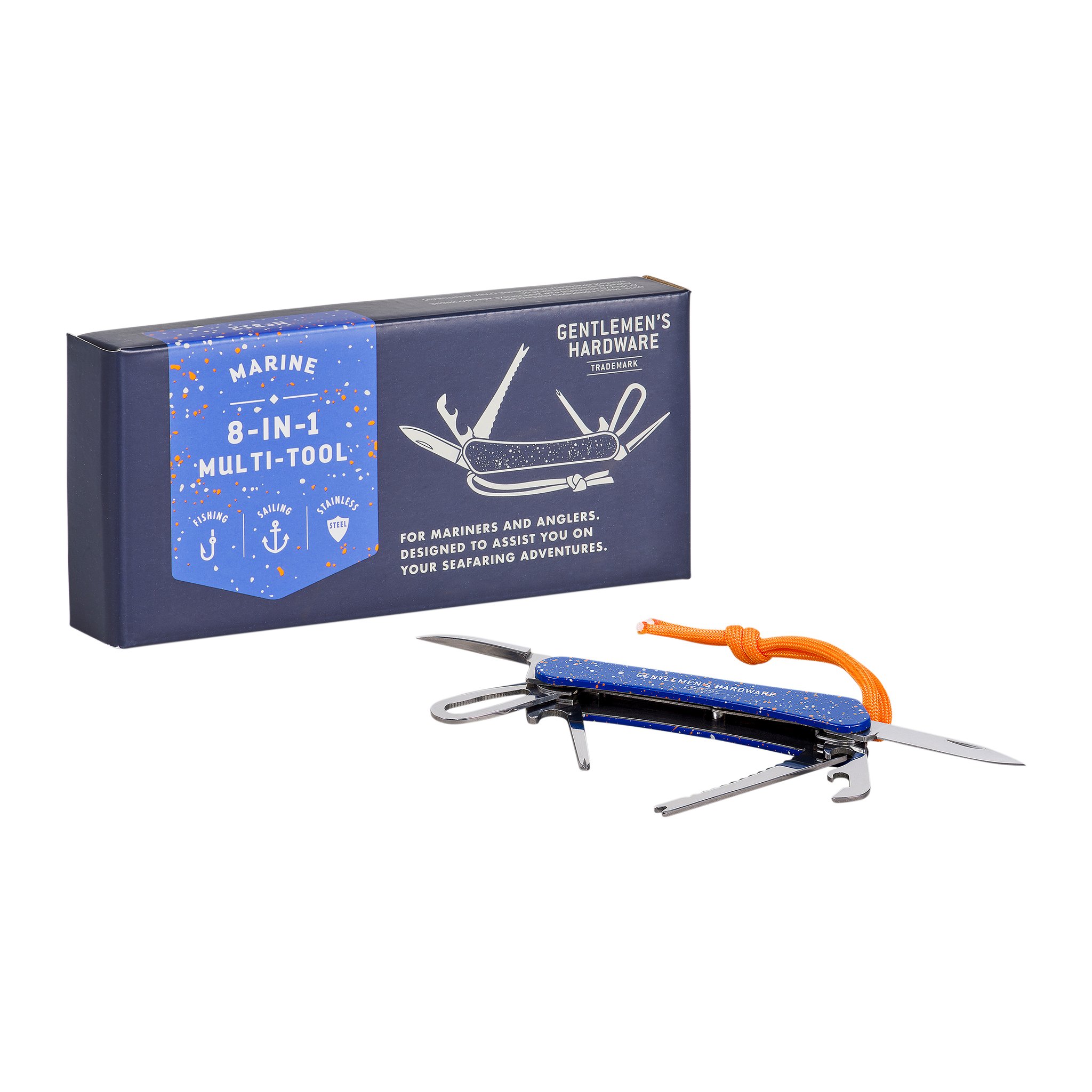 Marine Multitool mit aufgeklappten Werkzeugen und orangem Band, davor die dunkelblaue Verpackungsschachtel
