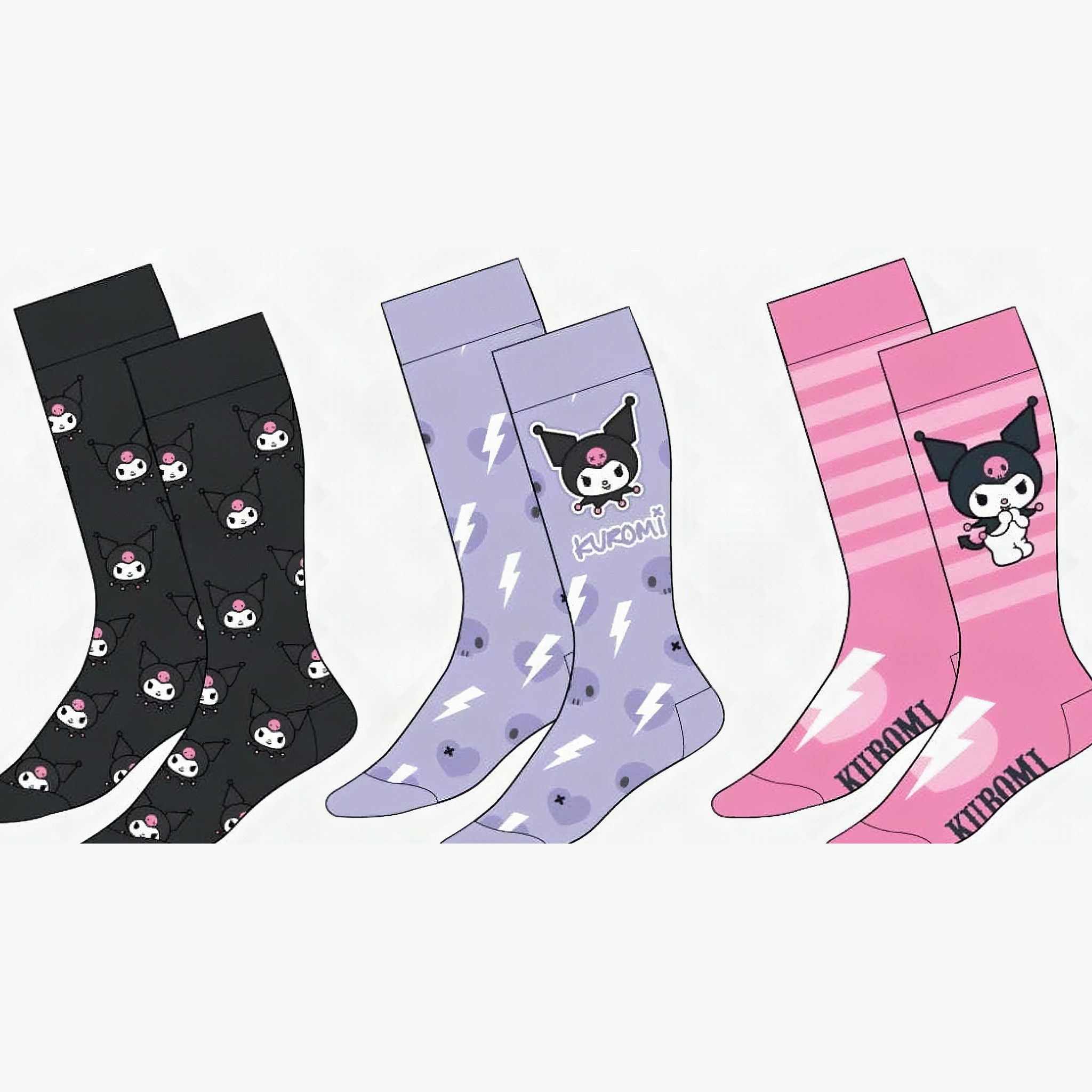 Three pairs of Kuromi knee socks in black, lilac and pink side by side