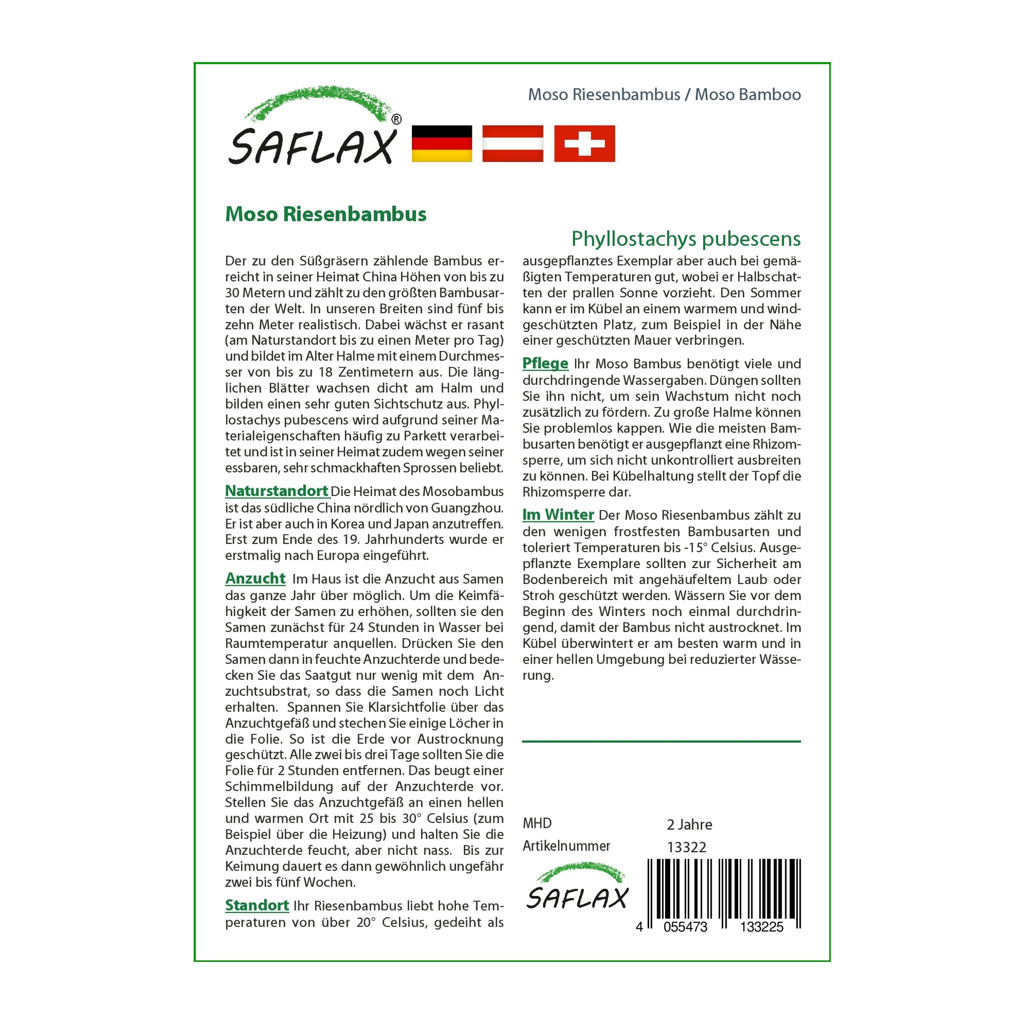 Sachet de graines bambou géant Moso Saflax, verso avec instructions de culture