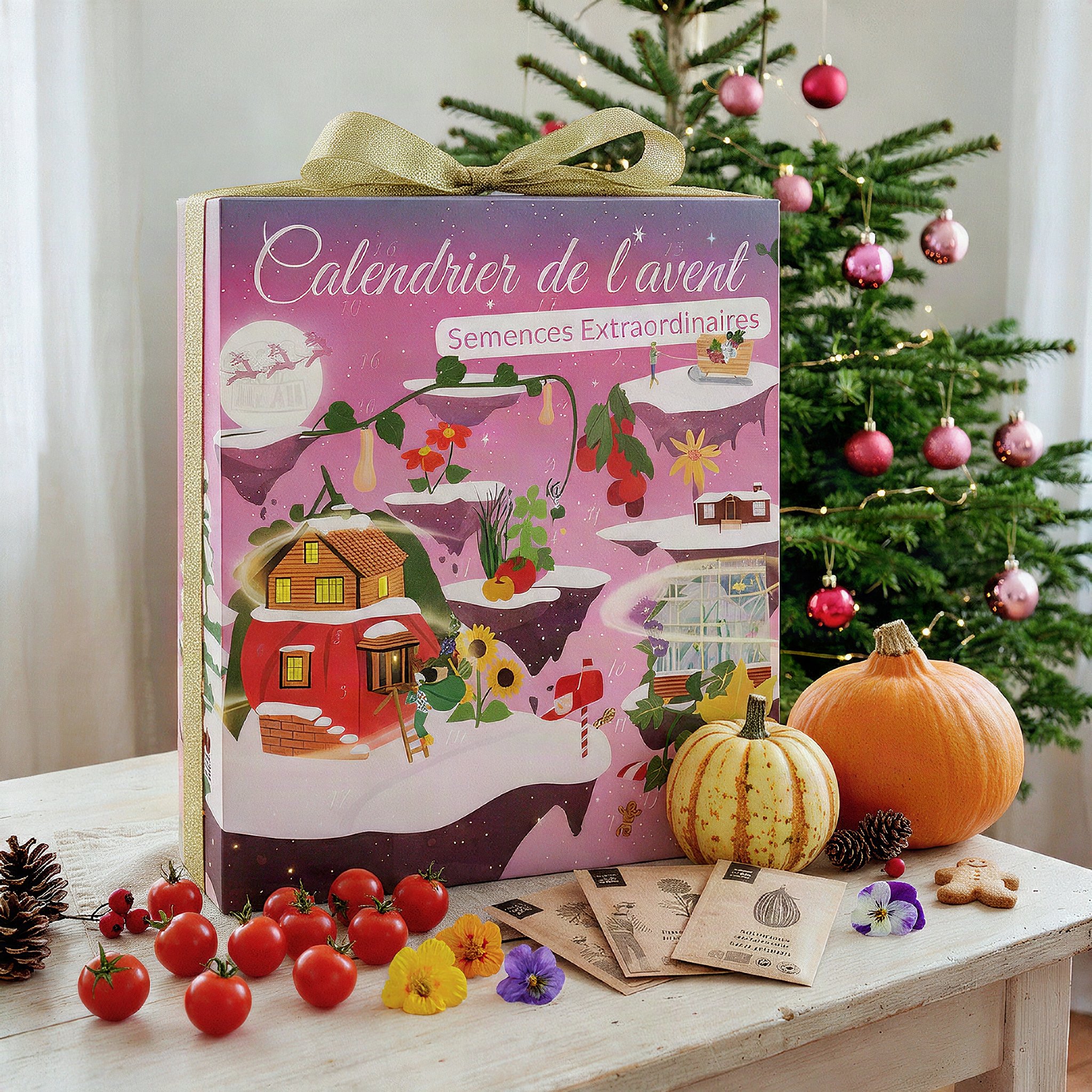 Calendrier de l'Avent de semences sur une table en bois avec courges, tomates cerises, sachets et sapin