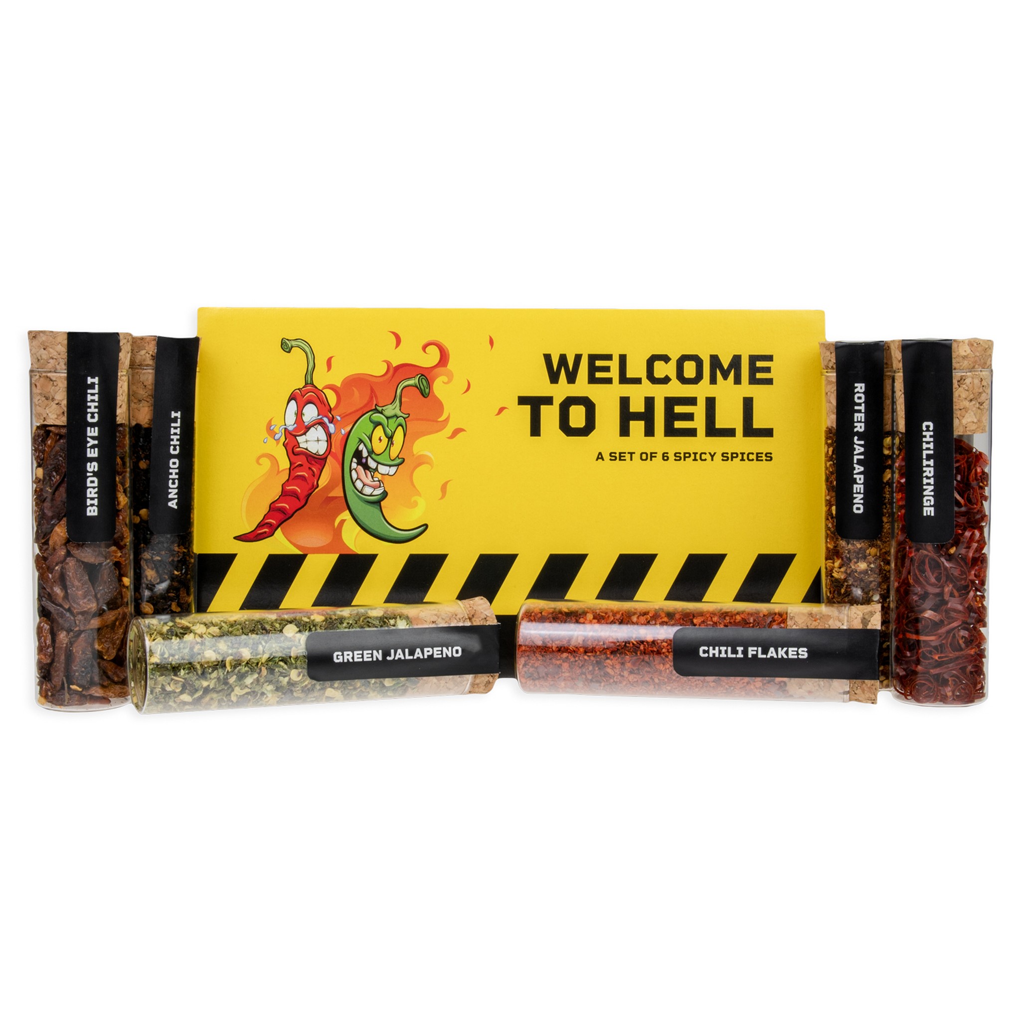Welcome to Hell Chili Gift Set spice tubes displayed