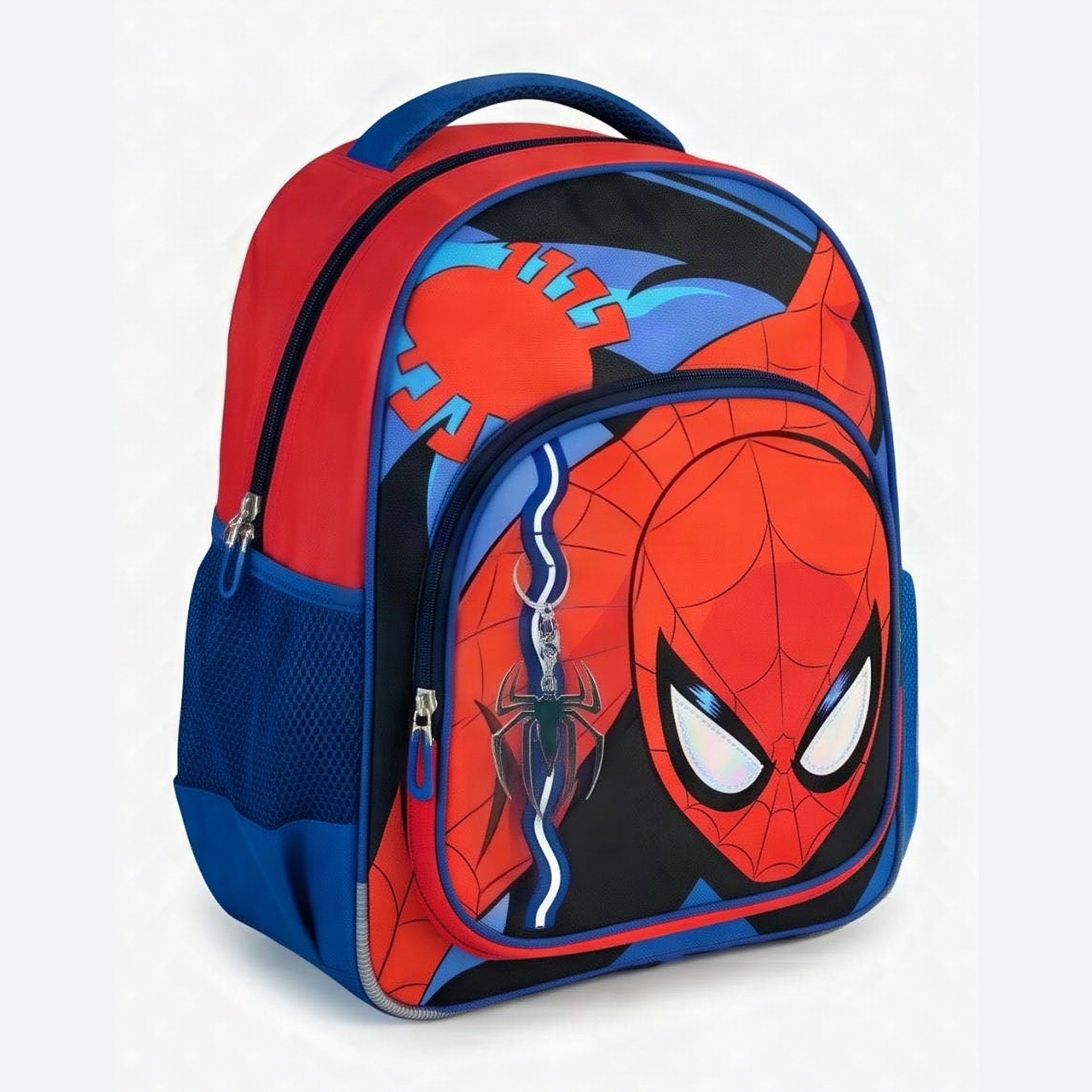 School backpack in red and blue with a moulded Spider-Man mask