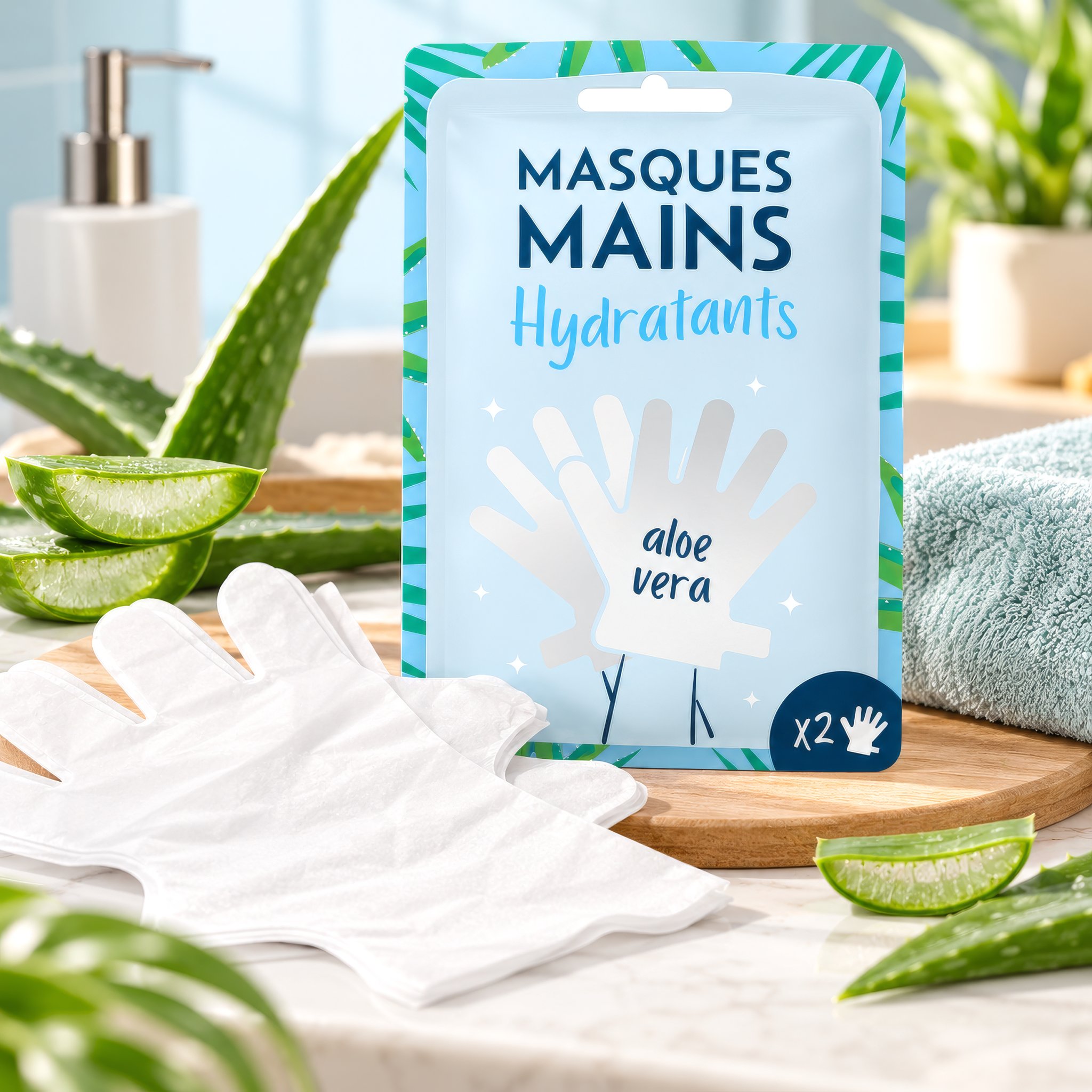 Handmaske Aloe Vera in Handschuhform: Beutel mit 2 Masken und ausgepackter Pflegehandschuh