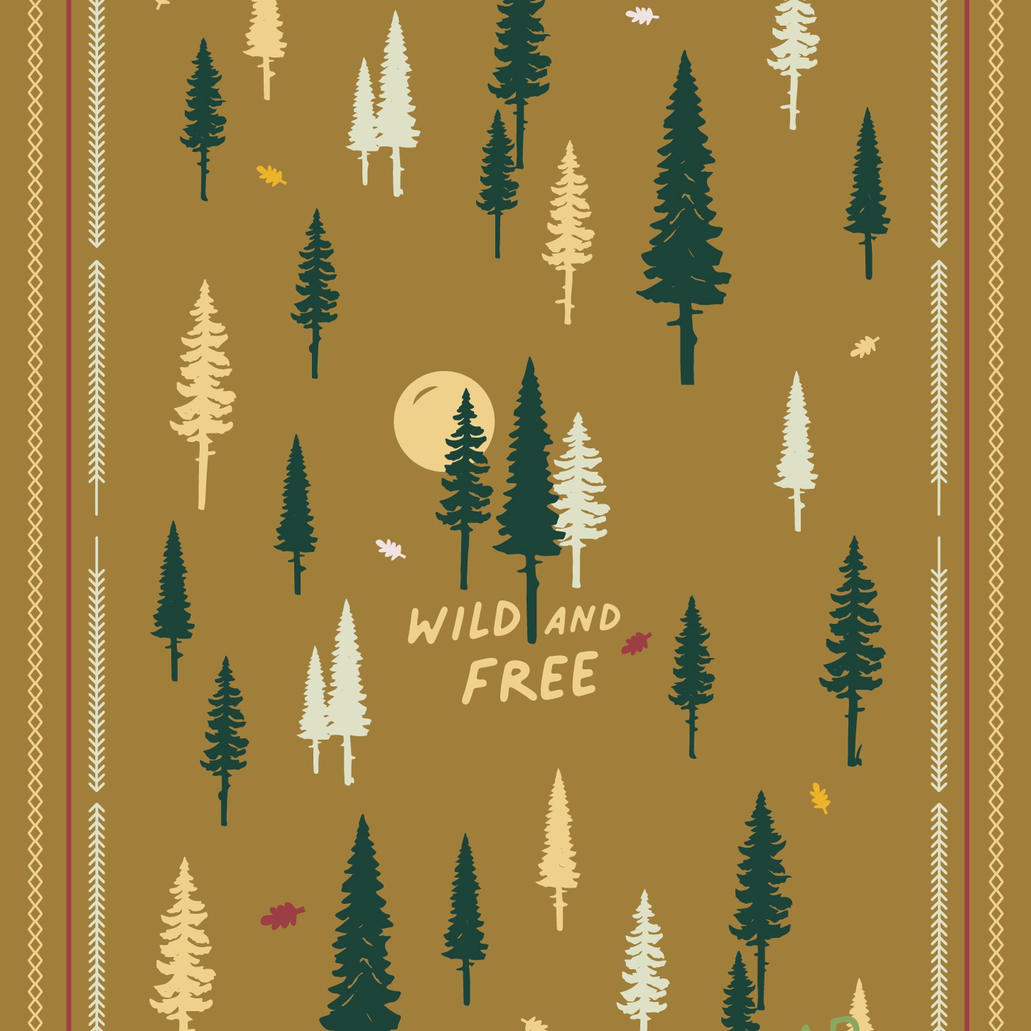 Coperta Wild & Free distesa, con motivo bosco e scritta