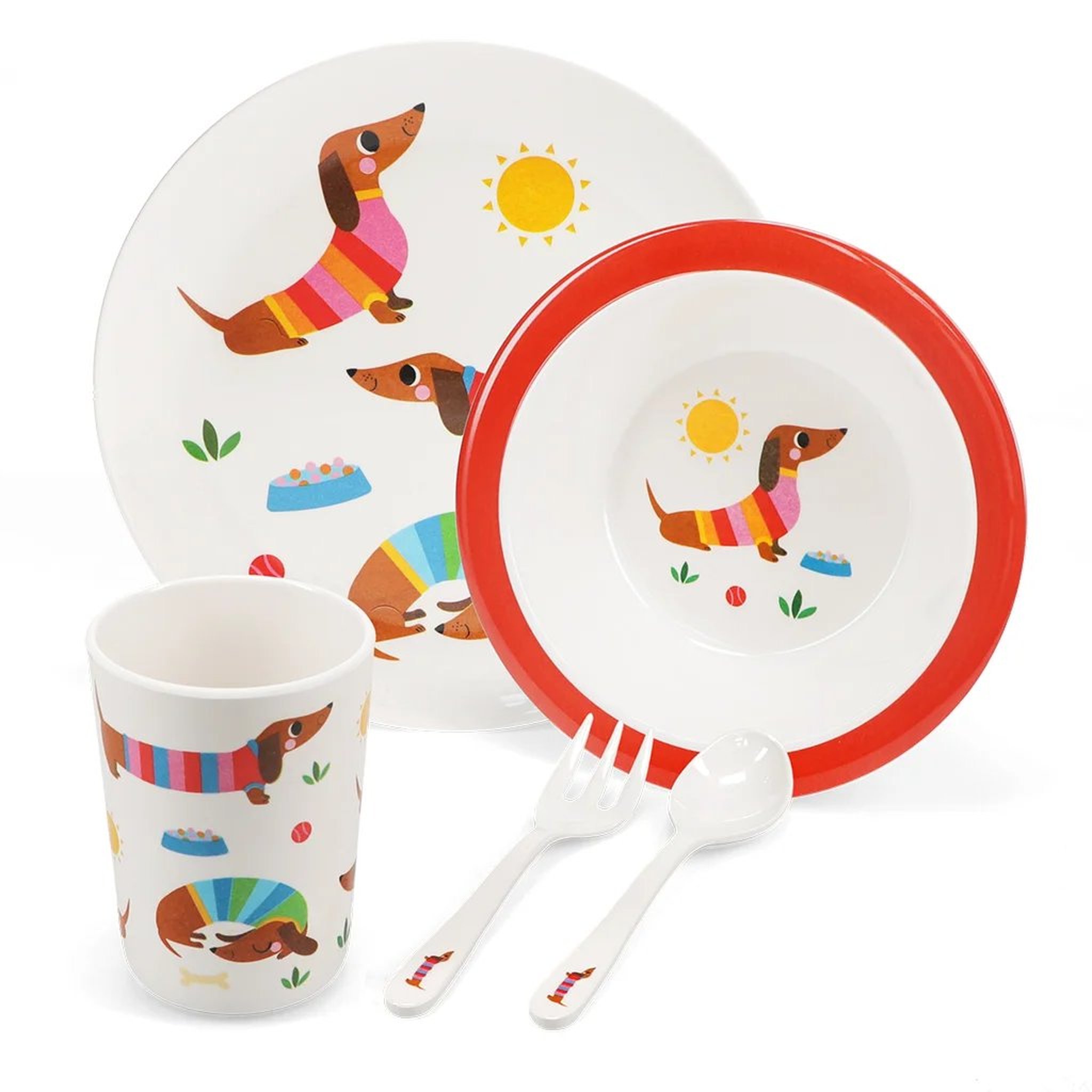 Das Kinder-Ess-Set Dackel: Teller, Schale, Becher, Gabel und Löffel, freigestellt