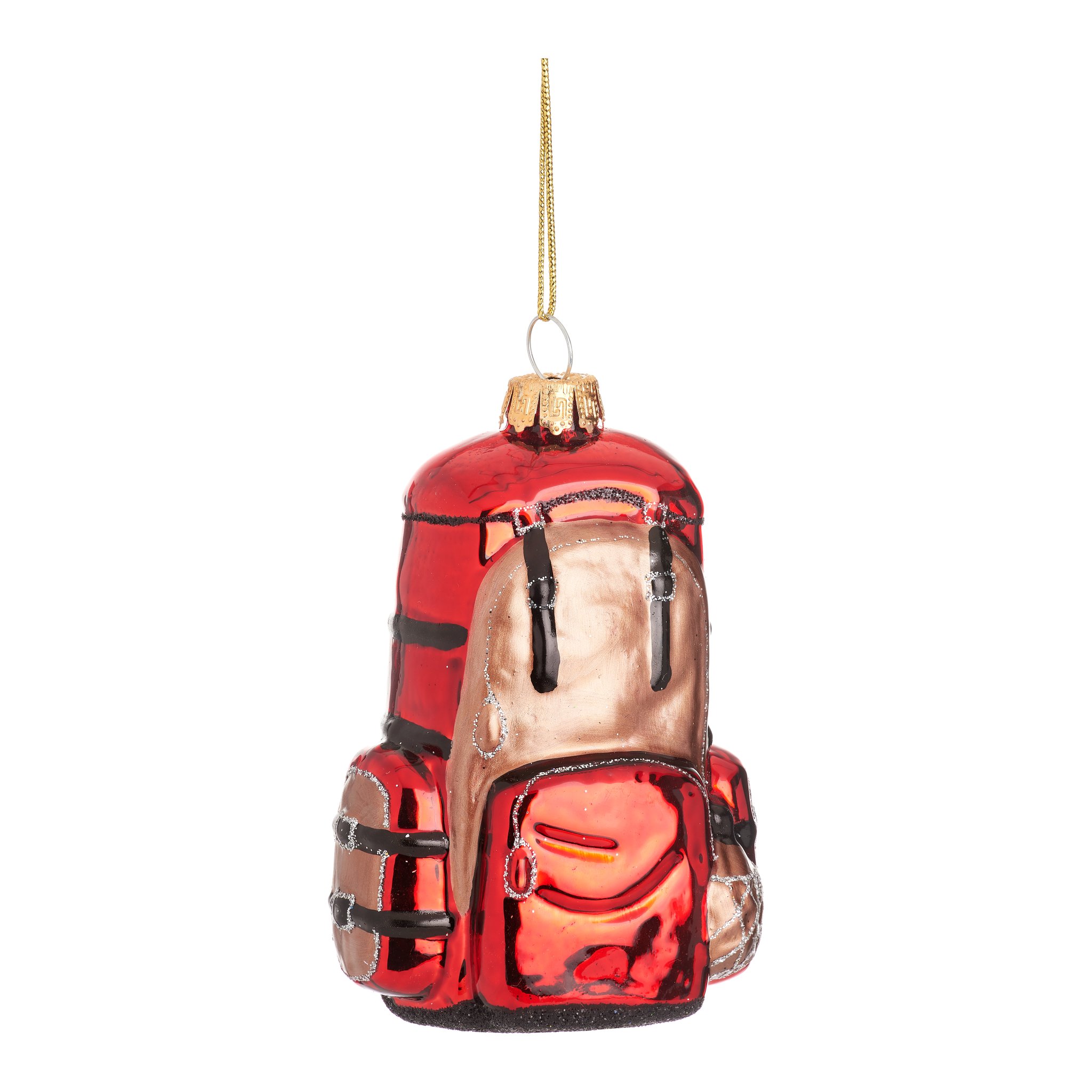 Boule de Noël sac à dos Sass & Belle, sac à dos rouge en verre avec fil doré, détourée