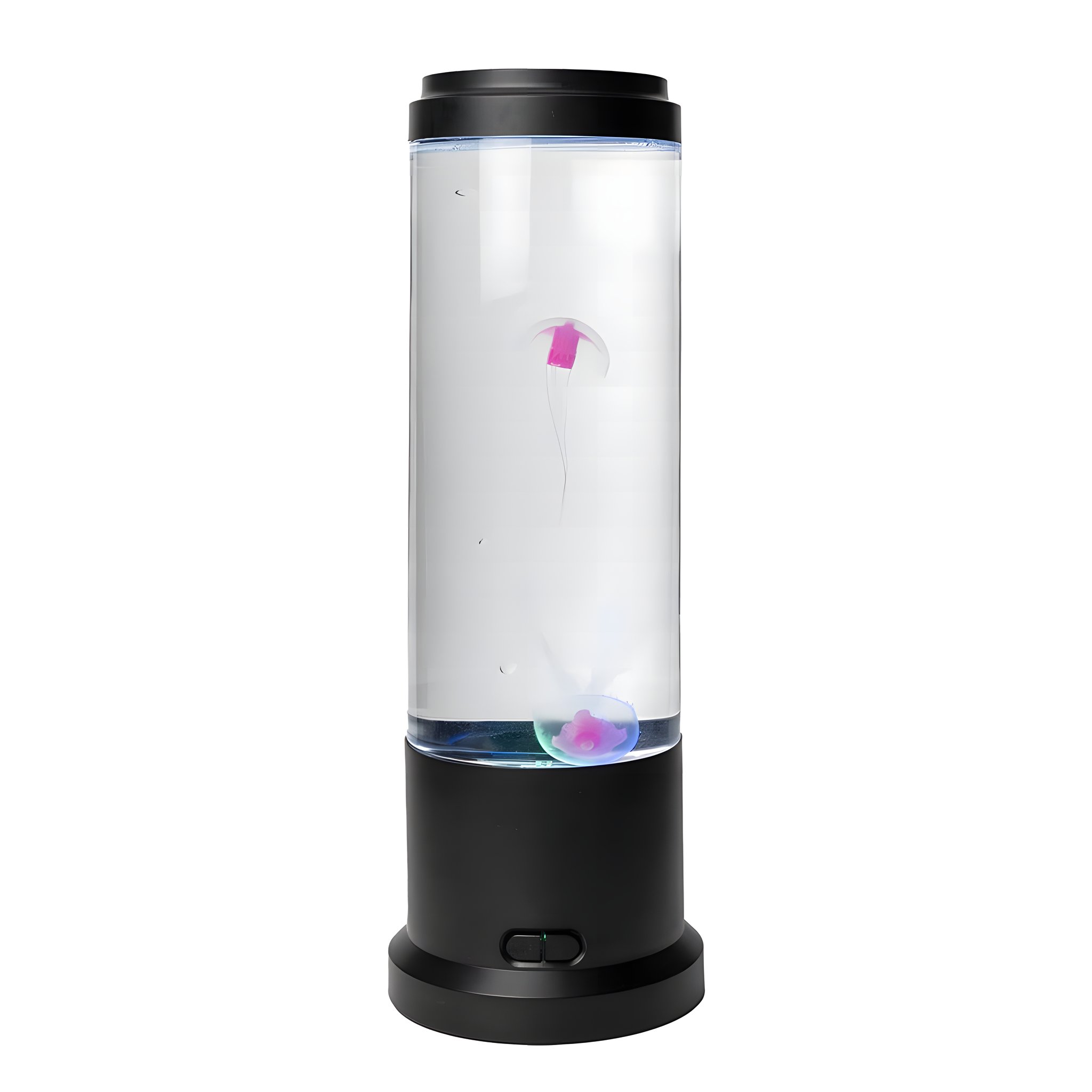 Round jellyfish lamp with clear tube and a pink jellyfish on a black base