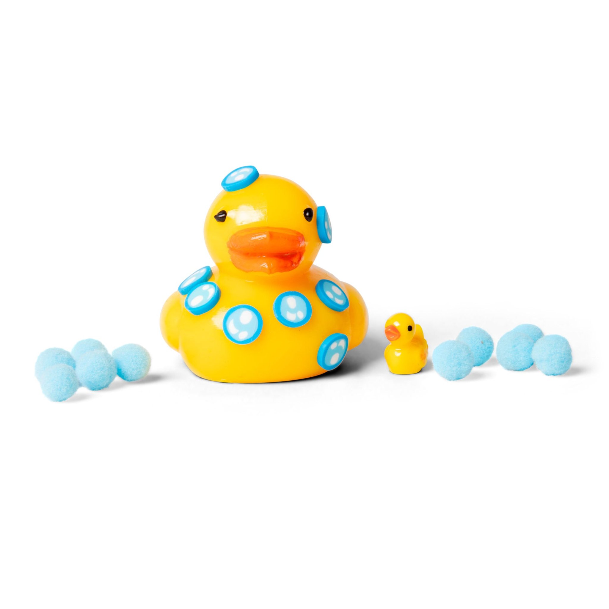 Sticky squishy duck with blue bubble dots, foam pompoms and mini duck