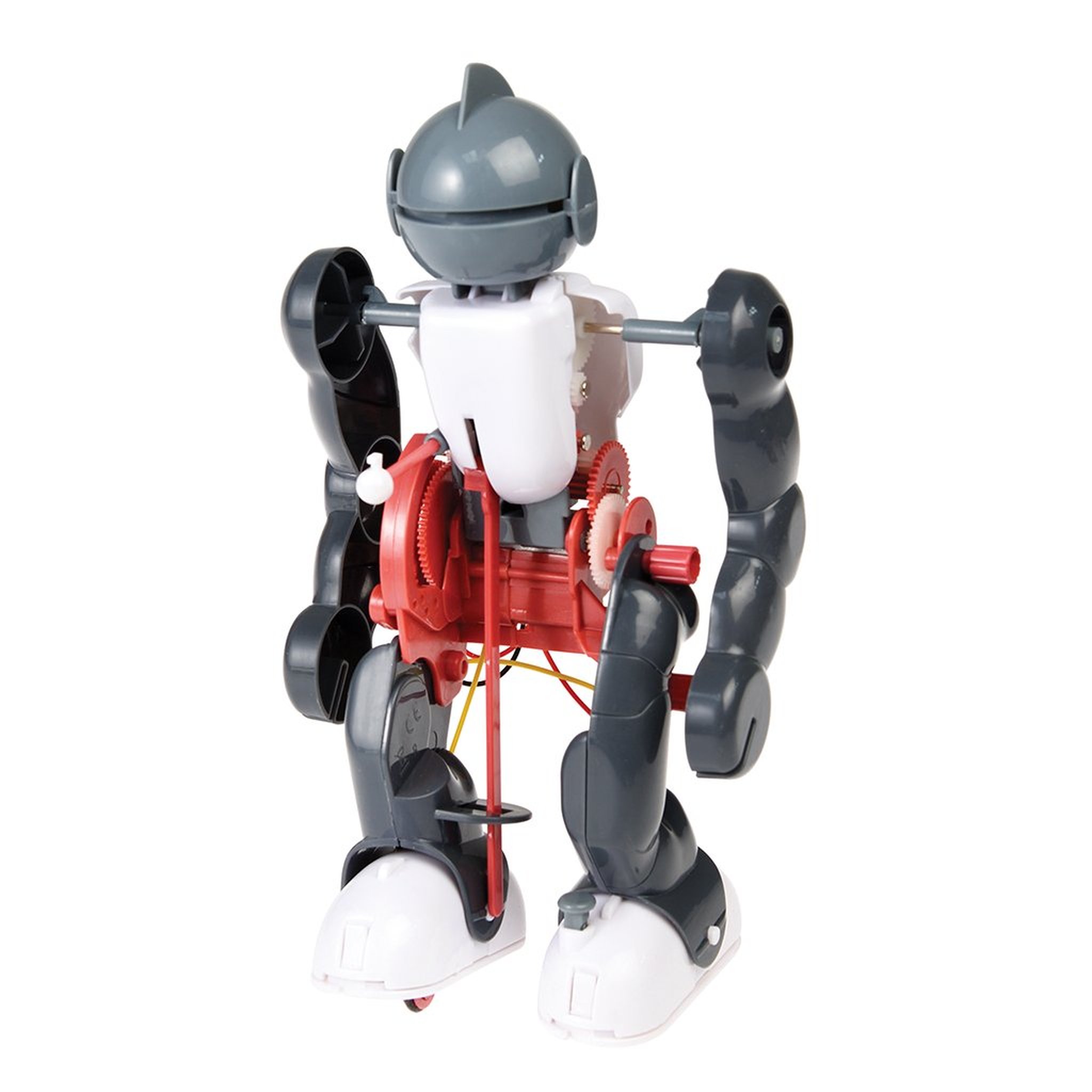 Le robot assemblé avec tête grise et bras rouges, détouré