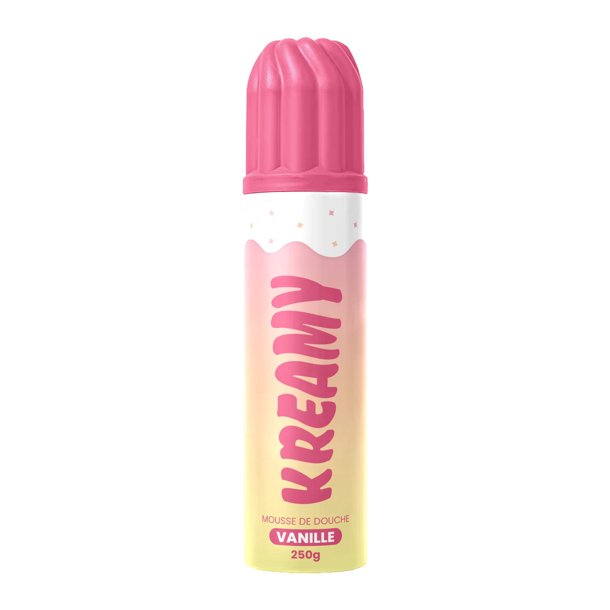 Kreamy Duschschaum Vanille in der rosa-gelben Dose mit Sahnehauben-Deckel, freigestellt