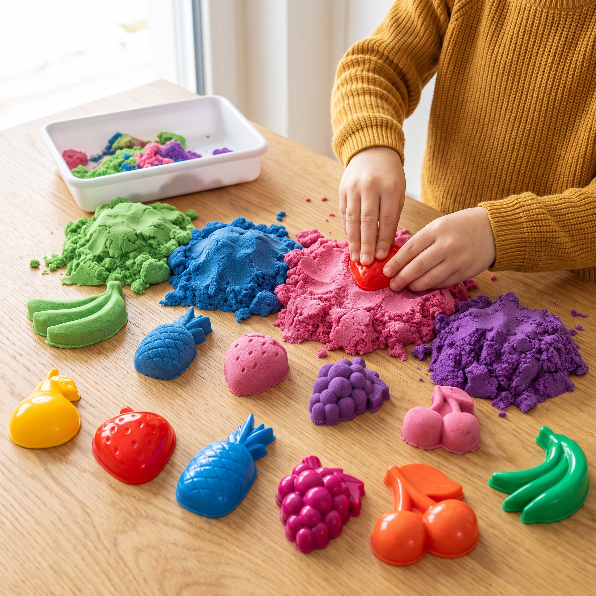 Child pressing sensory sand into a mould, with sand fruit and the six fruit moulds in front