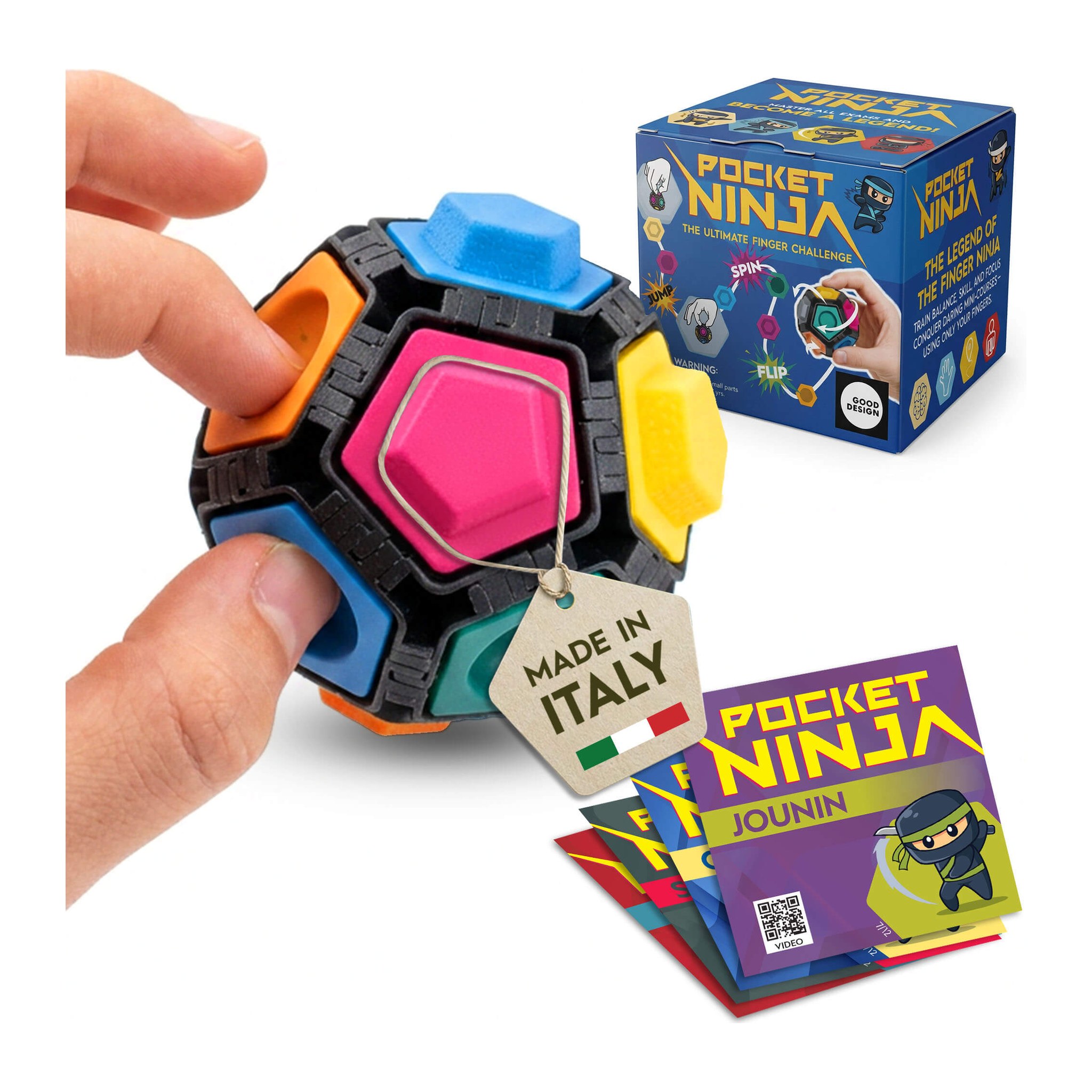 Pallina Pocket Ninja in mano con confezione, cartellino Made in Italy e carta mossa