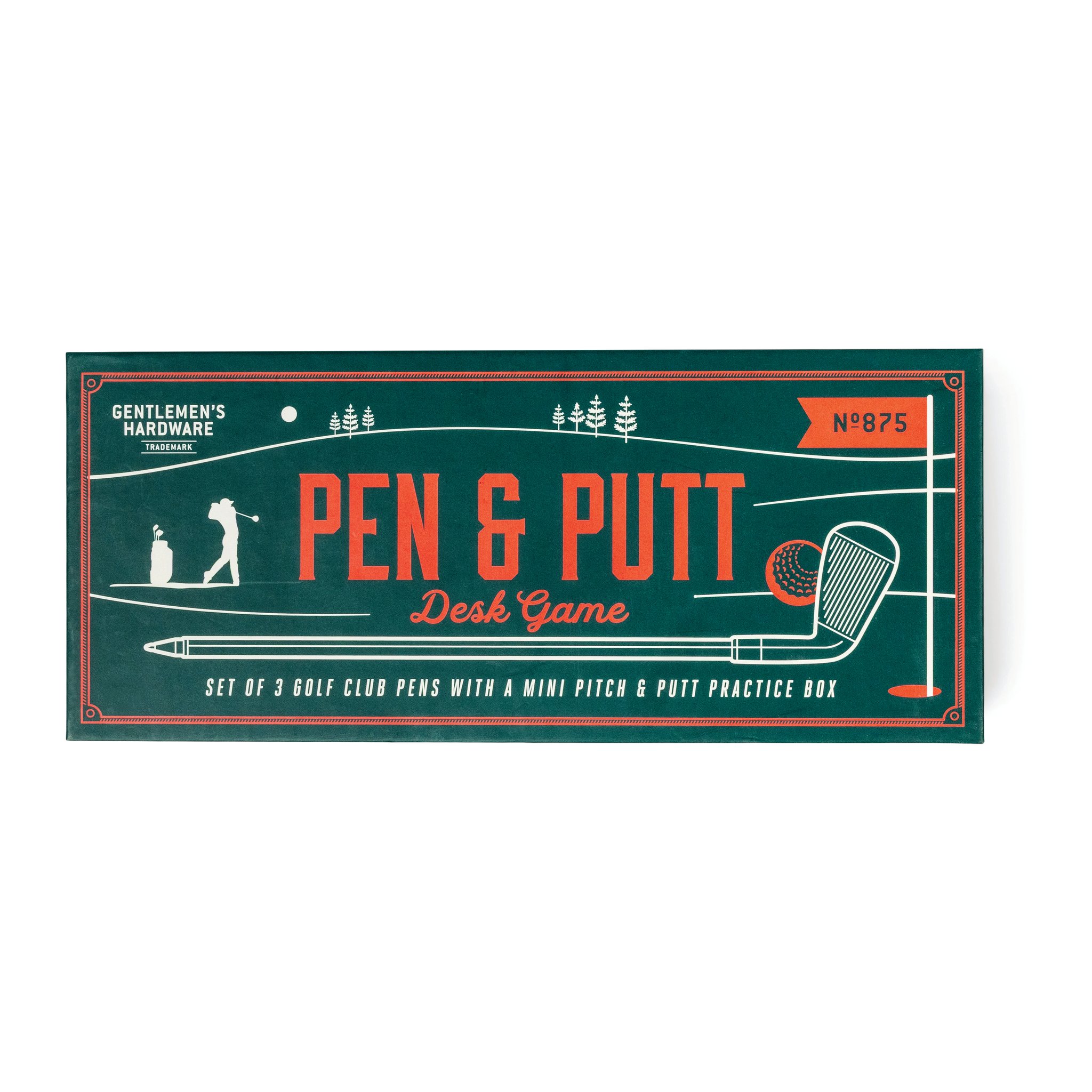 Scatola verde scuro del set di penne Golf Putt & Pen con golfista illustrato e scritte rosse