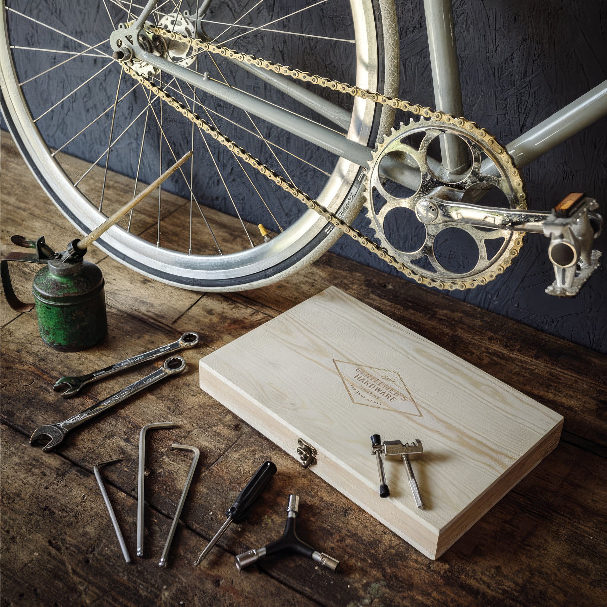 Workbench scene below a bicycle with the closed wooden box, spanners, hex keys, a screwdriver and an oil can