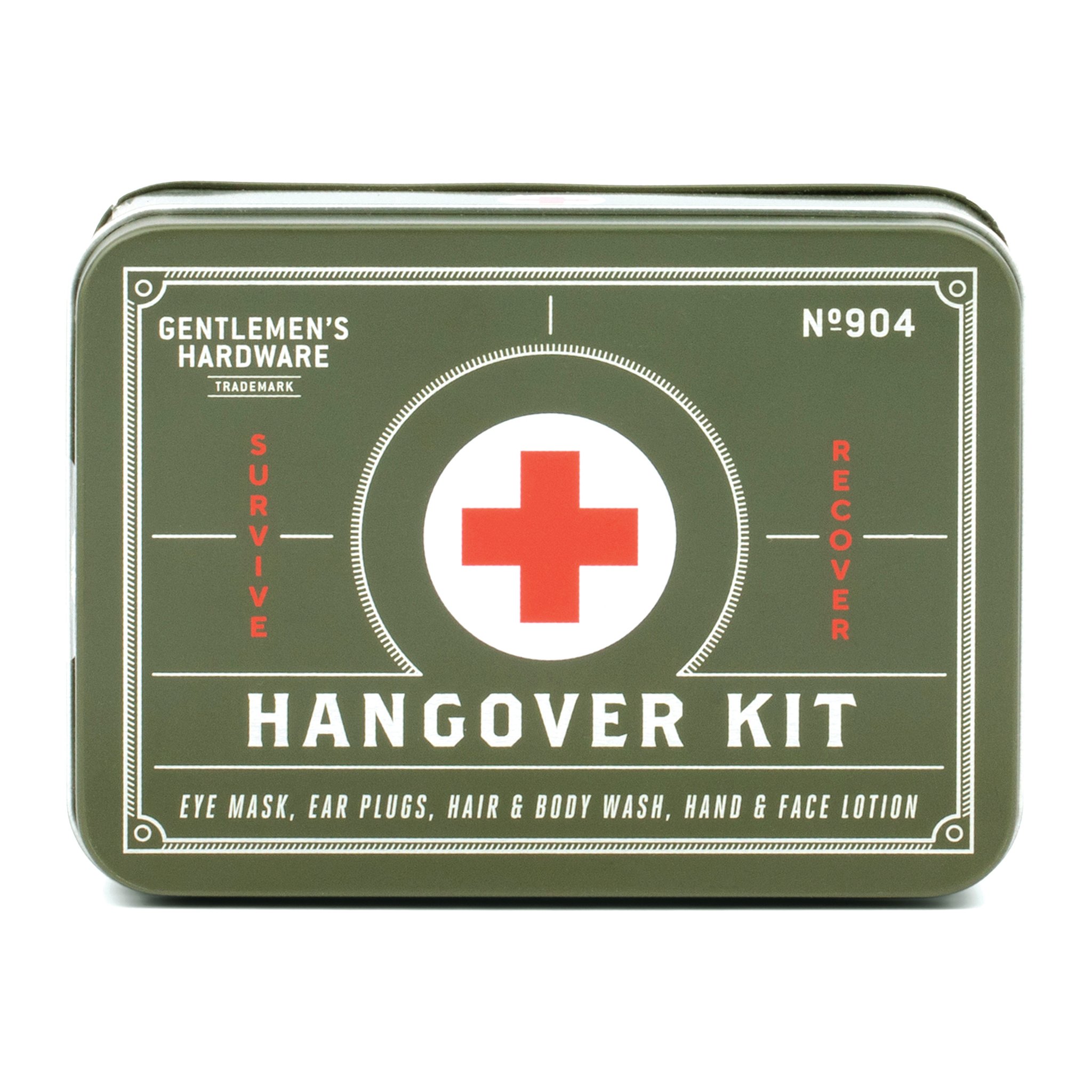 Olive green tin of the Hangover Kit seen from the front, with a red cross and the words Survive and Recover