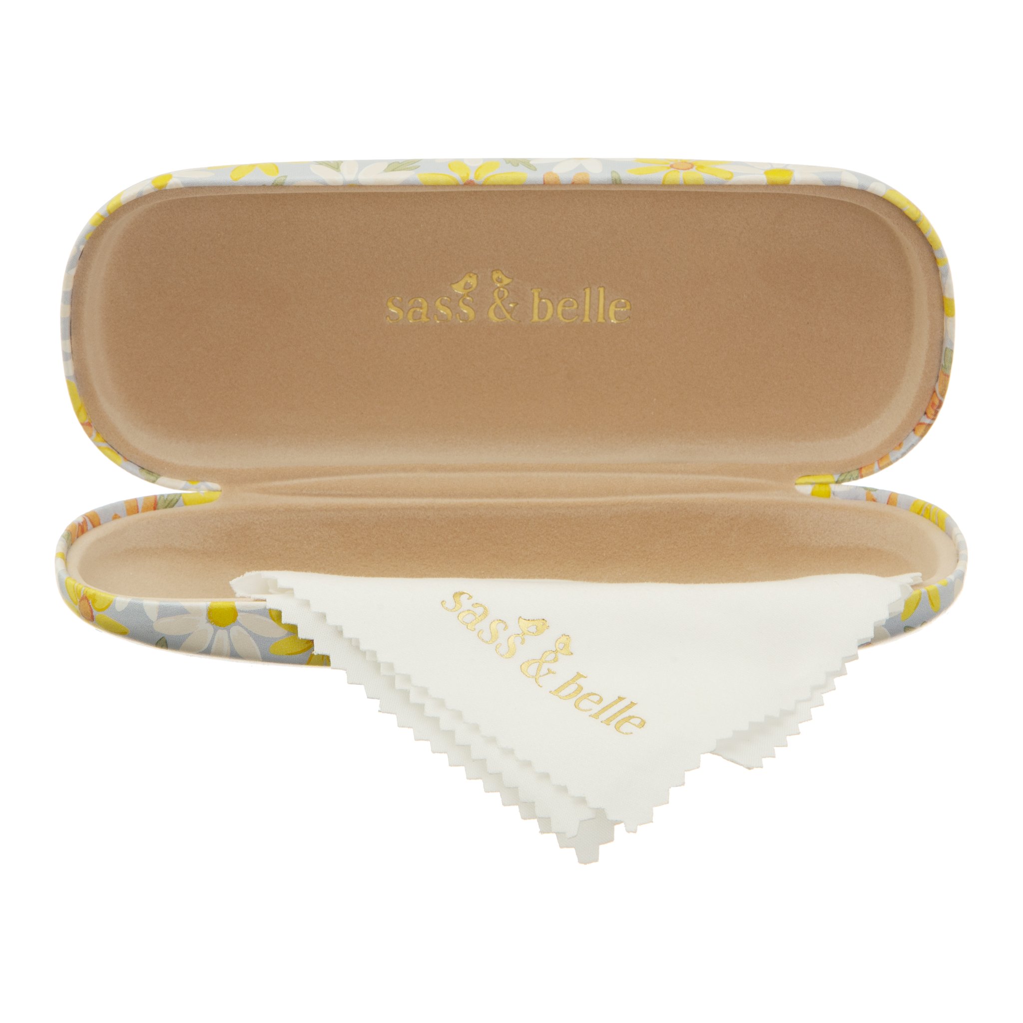 Daisy glasses case opened with beige lining and cleaning cloth