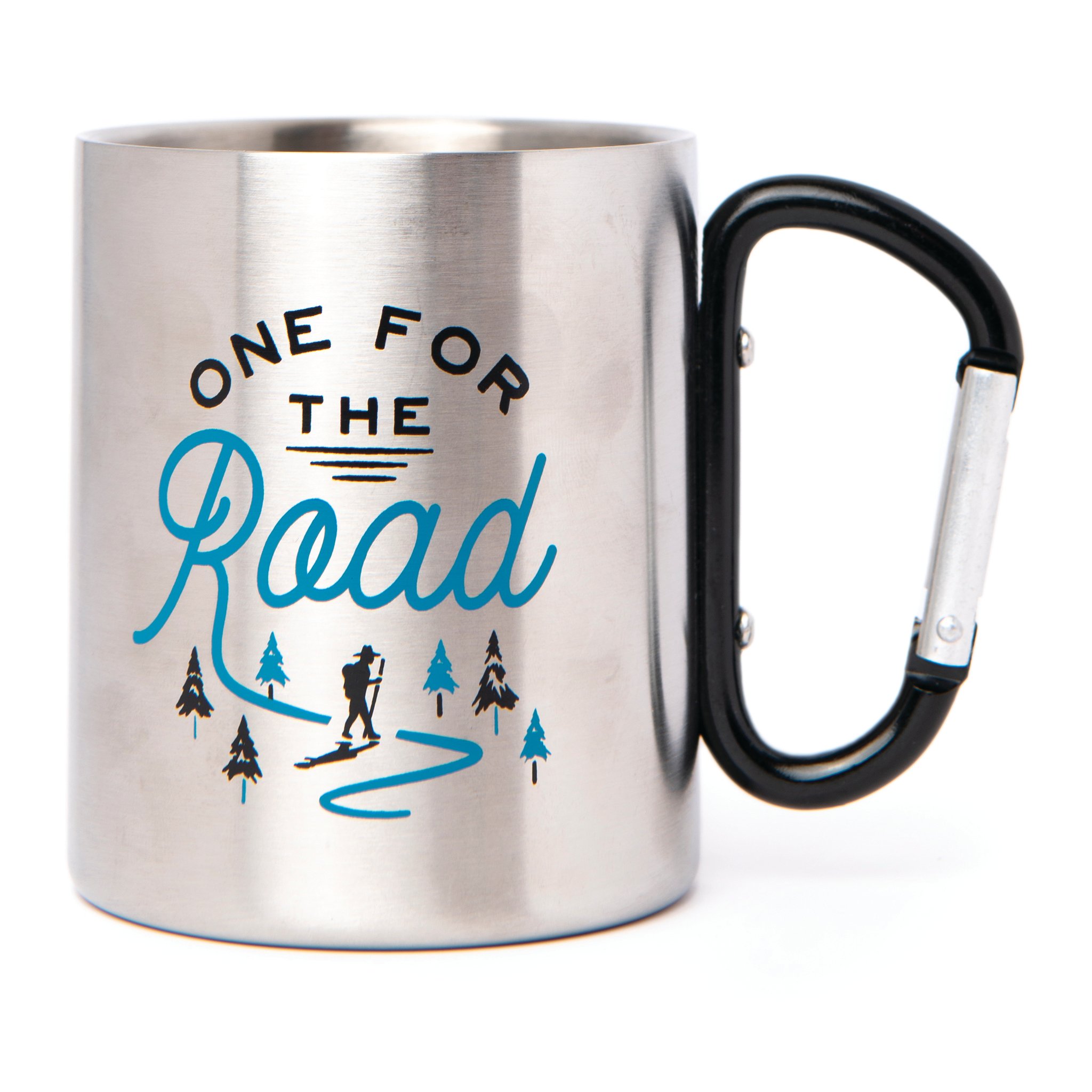 Edelstahltasse mit schwarzem Karabinergriff und blauem Aufdruck «One for the Road» samt Wanderer vor weissem Hintergrund