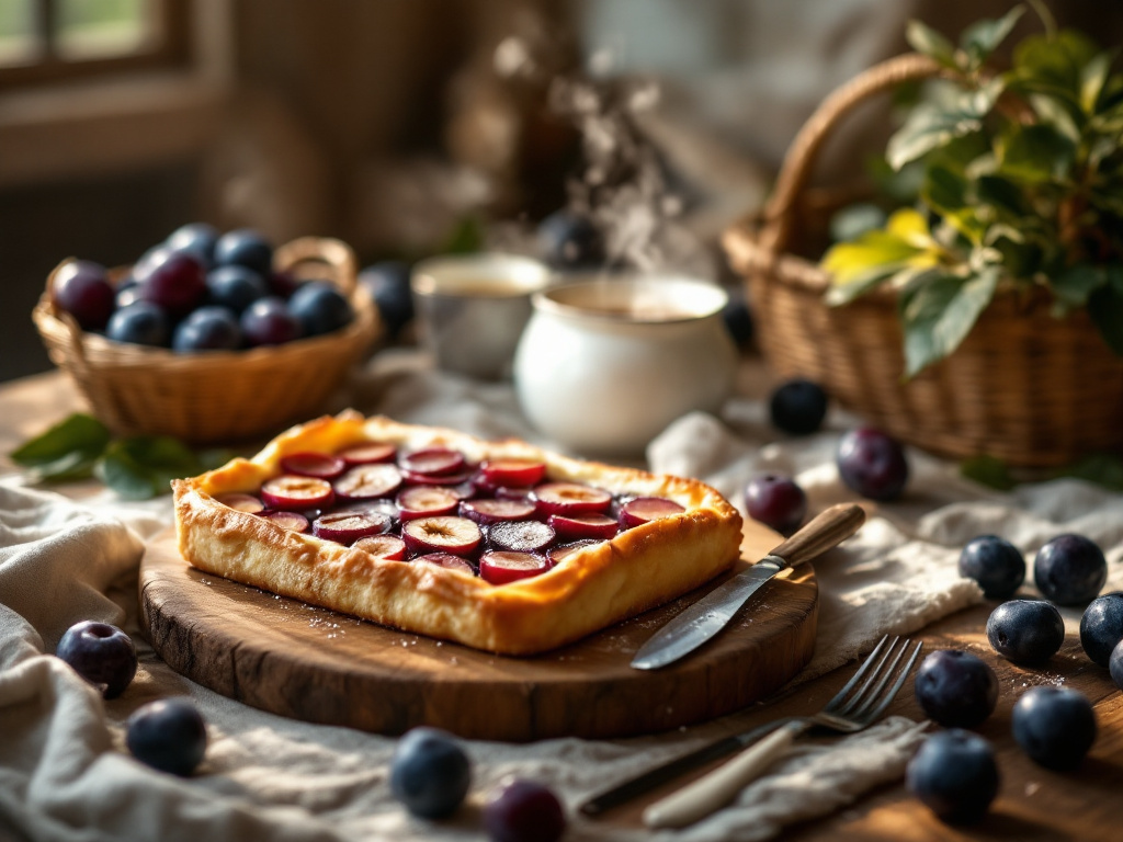Torta di susine appena sfornata su un tavolo di legno, accanto susine mature