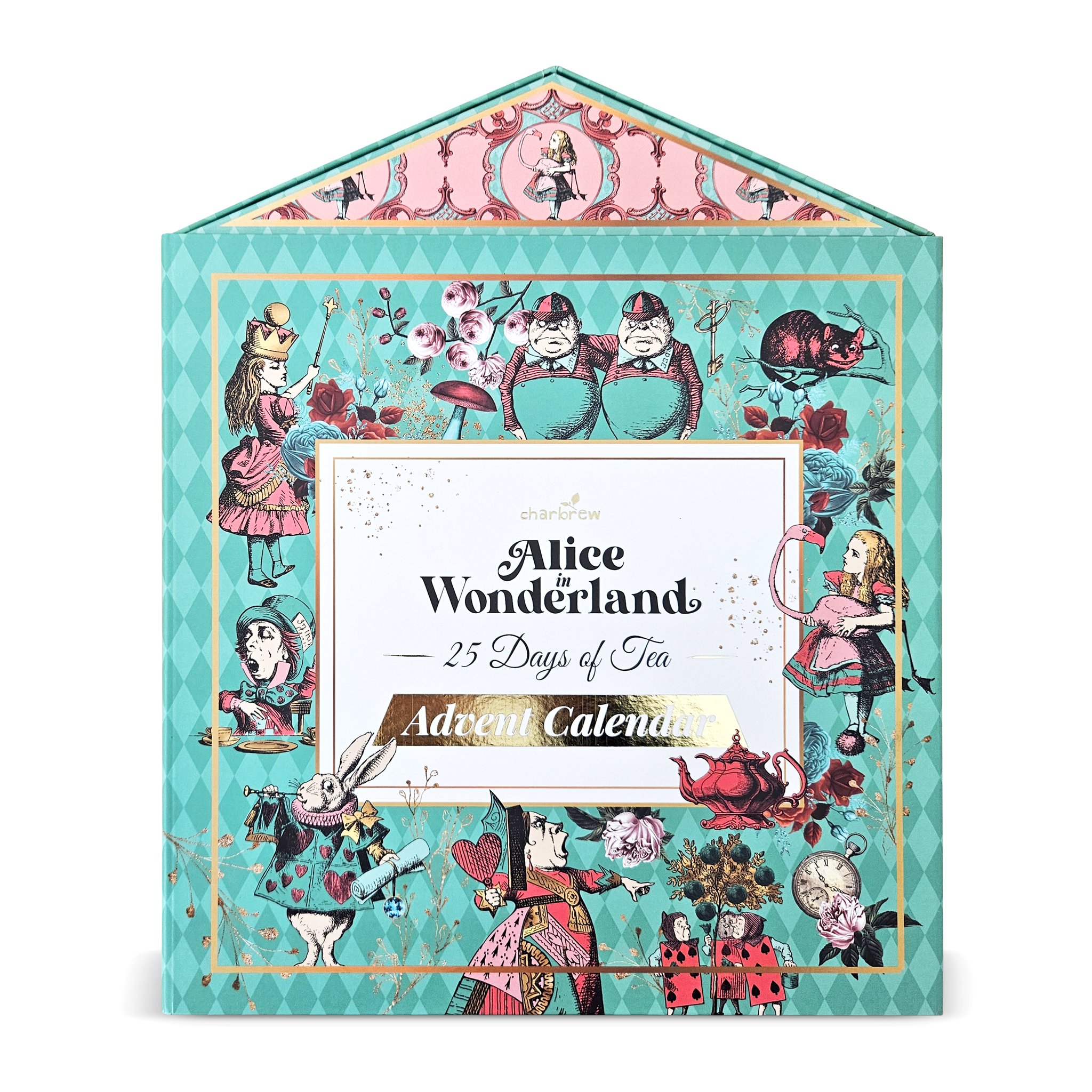 Vorderseite des Alice im Wunderland Tee-Adventskalenders mit Figuren aus der Geschichte in Türkis und Rosa