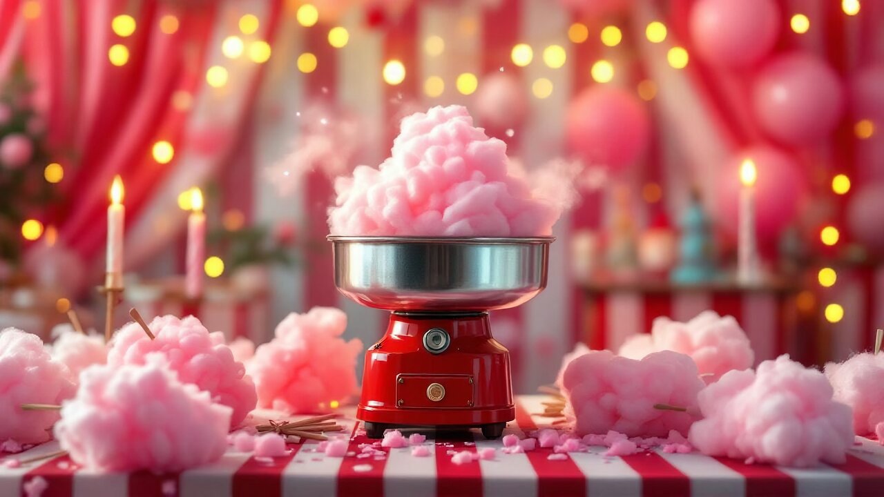 Cotton candy machine at a birthday party with pink lights