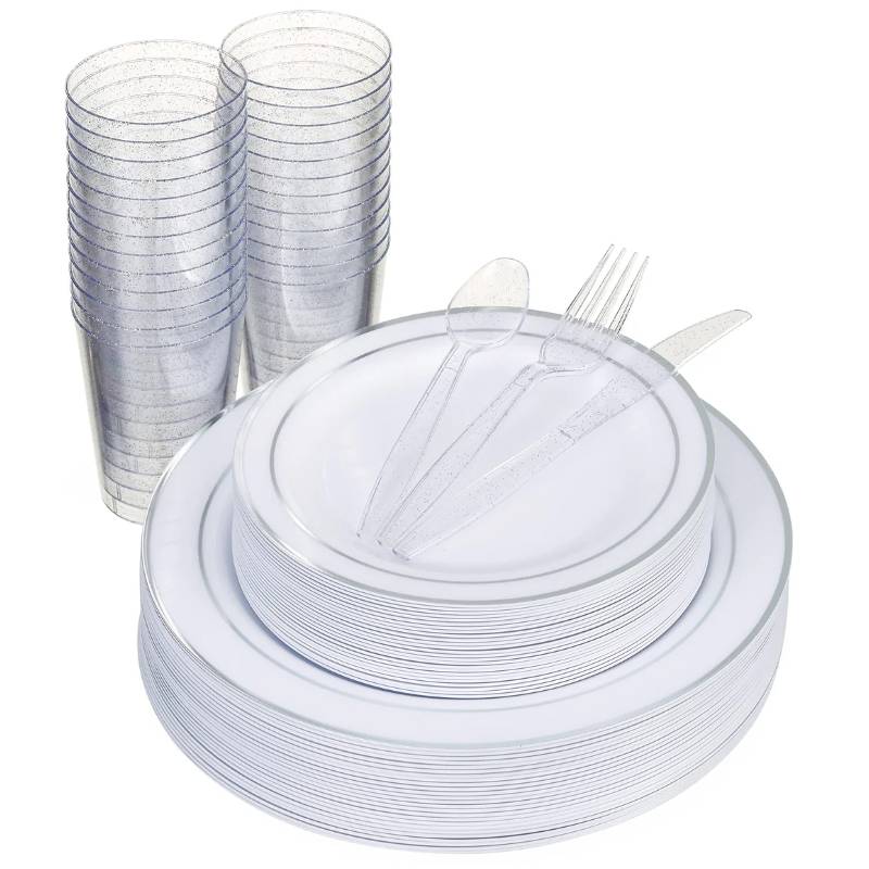 Wiederverwendbares Plastik-Silberrand-Party-Set