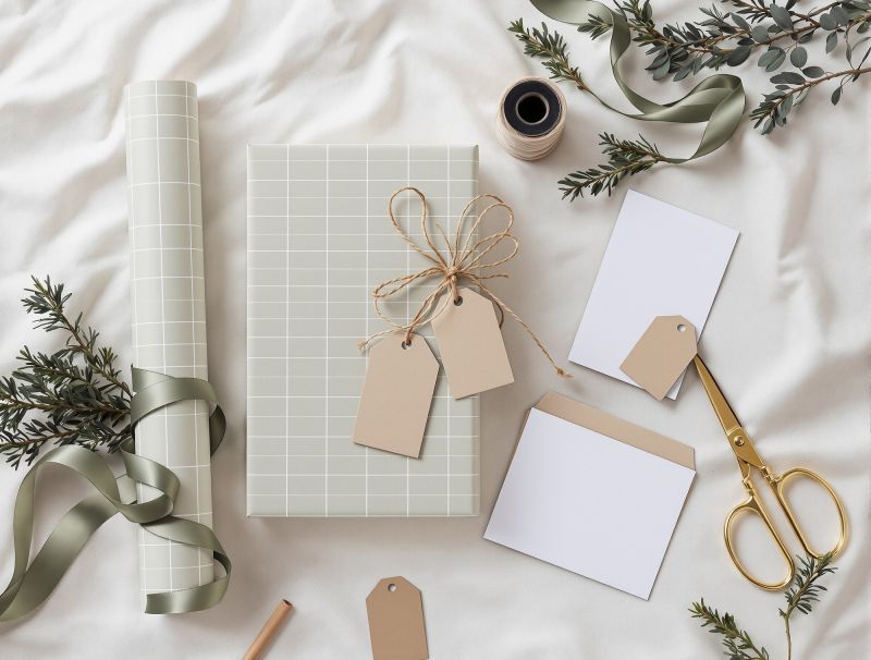 Geschenk in salbeigrünem Papier mit Kraft-Anhängern, Band, Schere und leeren Grusskarten